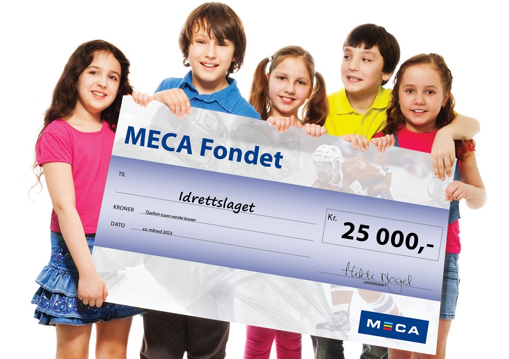 Fem barn mottar sjekk på 25000.- kroner til sitt idrettslag fra MECA Fondet