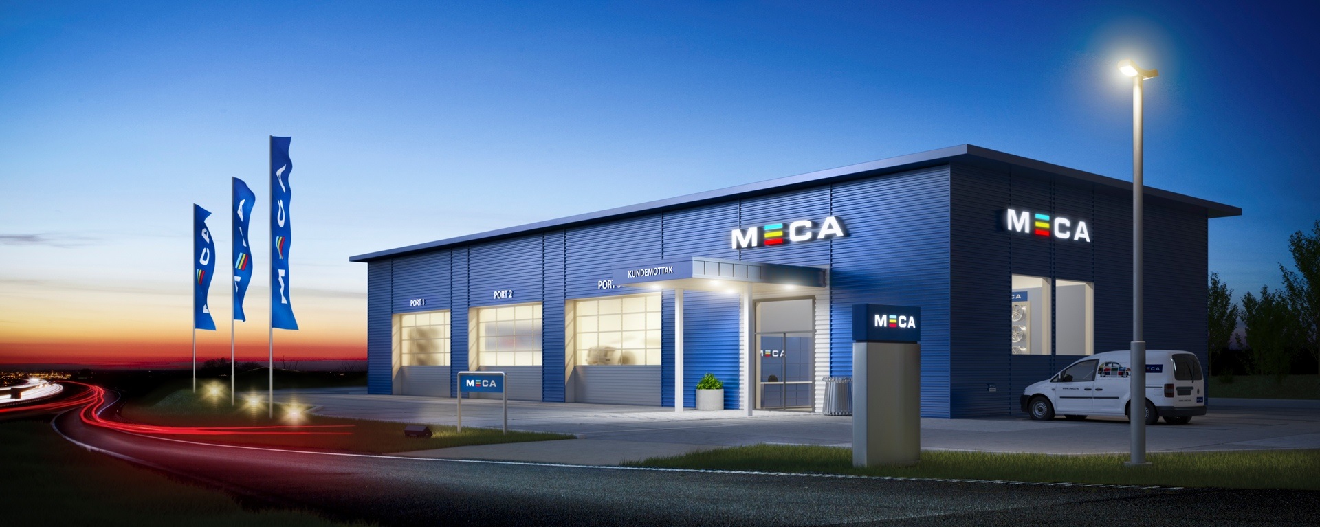 Blått verksted bygning med MECA skilt på veggen
