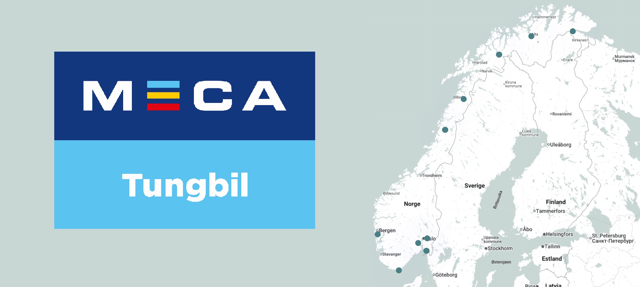 Kart over Norge med MECA Tungbil logo til venstre